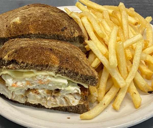 Beer battered haddock rueben